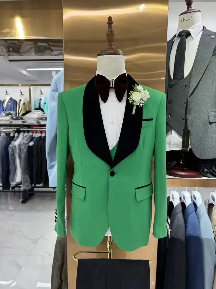 Vlastné zelené svadobné obleky Men módne tenké fit Groom Formálne smokingové mužské sako Prom Velvet Shawl Golier Čierne nohavice 3-dielne 양복남