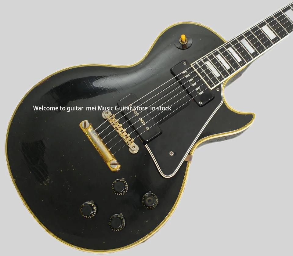 Vlastný 1958 Reissue P90Pickup Black Beauty Electric Guitar Ebony hmatník, žltá 5 Ply viazanie, čierna pickguard, biela perla