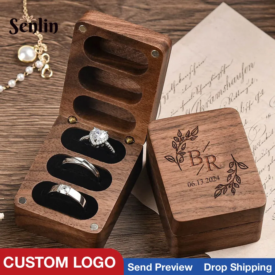 Vlastný 3-slot obdĺžnik Ring Box Svadobný drevený trojitý kruhový krabica šperky organizátor Ring Display Engagement Personalizovaný darček