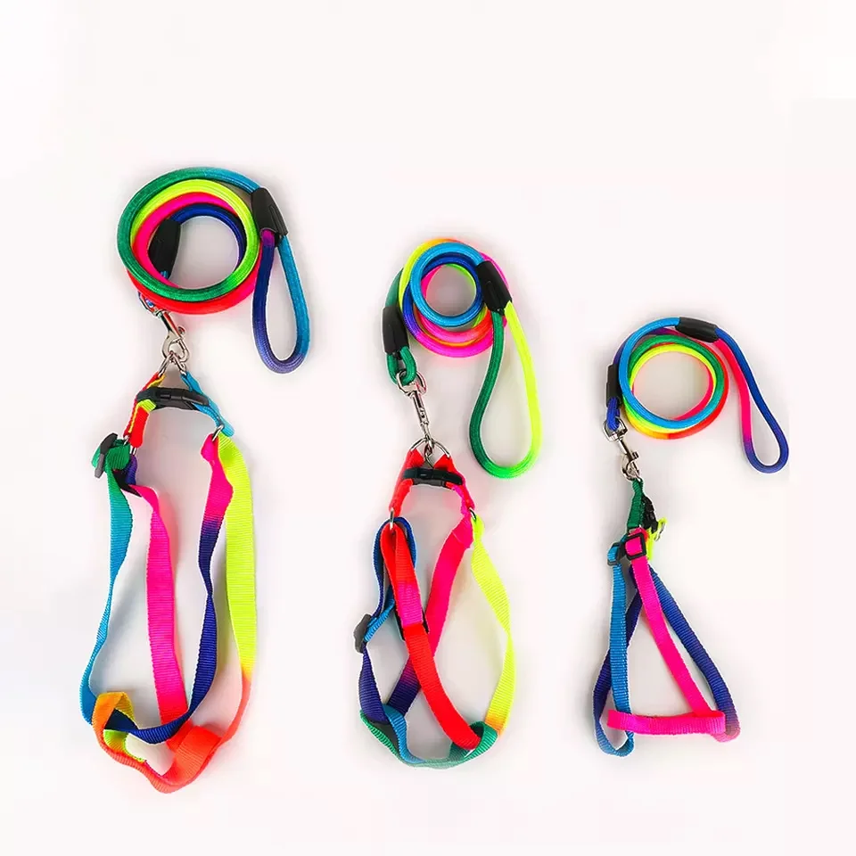 Vlastný gradient farebný nylon nastaviteľný veľký obojok pet trakčný remienok na hrudi postroj dúhový mačkový lano vodítko