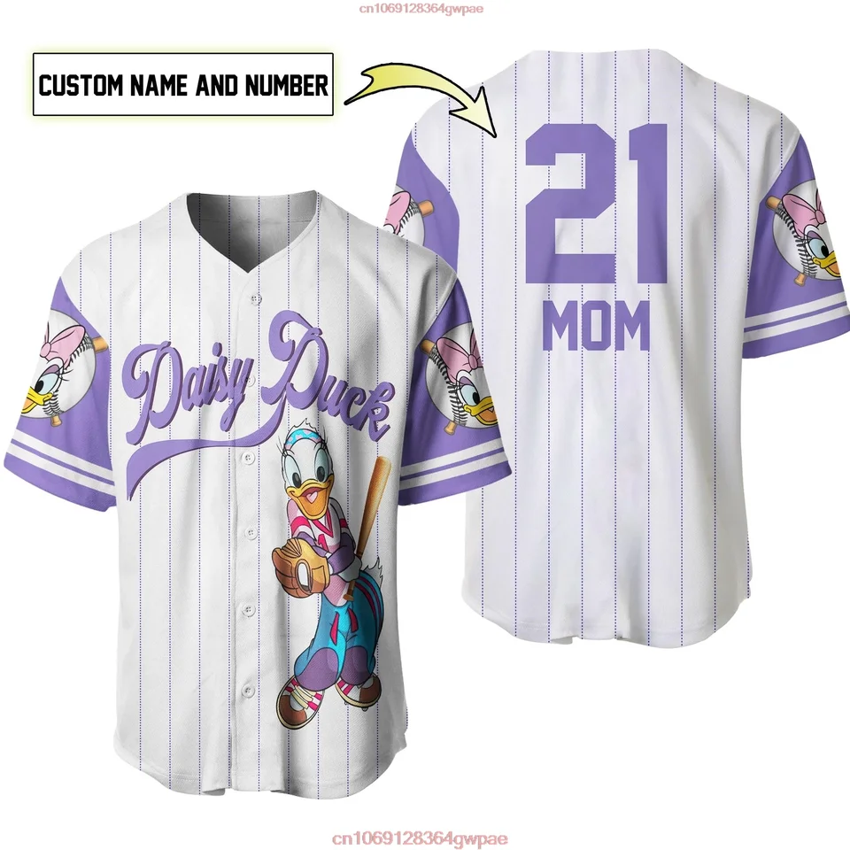 Vlastný názov Daisy Duck Baseball Jersey Men Ženy s krátkym rukávom Jersey Disney Baseball Jersey Príležitostný športový baseball dres