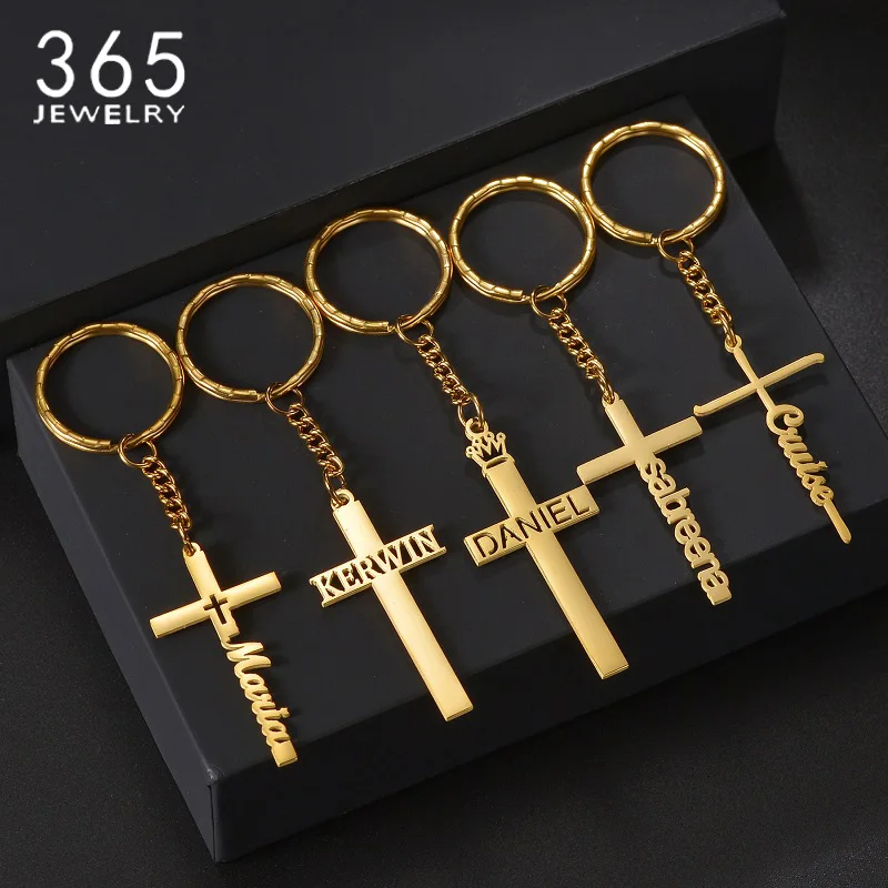 Vlastný názov krížový štýl Keychain Prispôsobené osobné z nehrdzavejúcej ocele Pendant prívesok Klávesový kľúče pre mužov