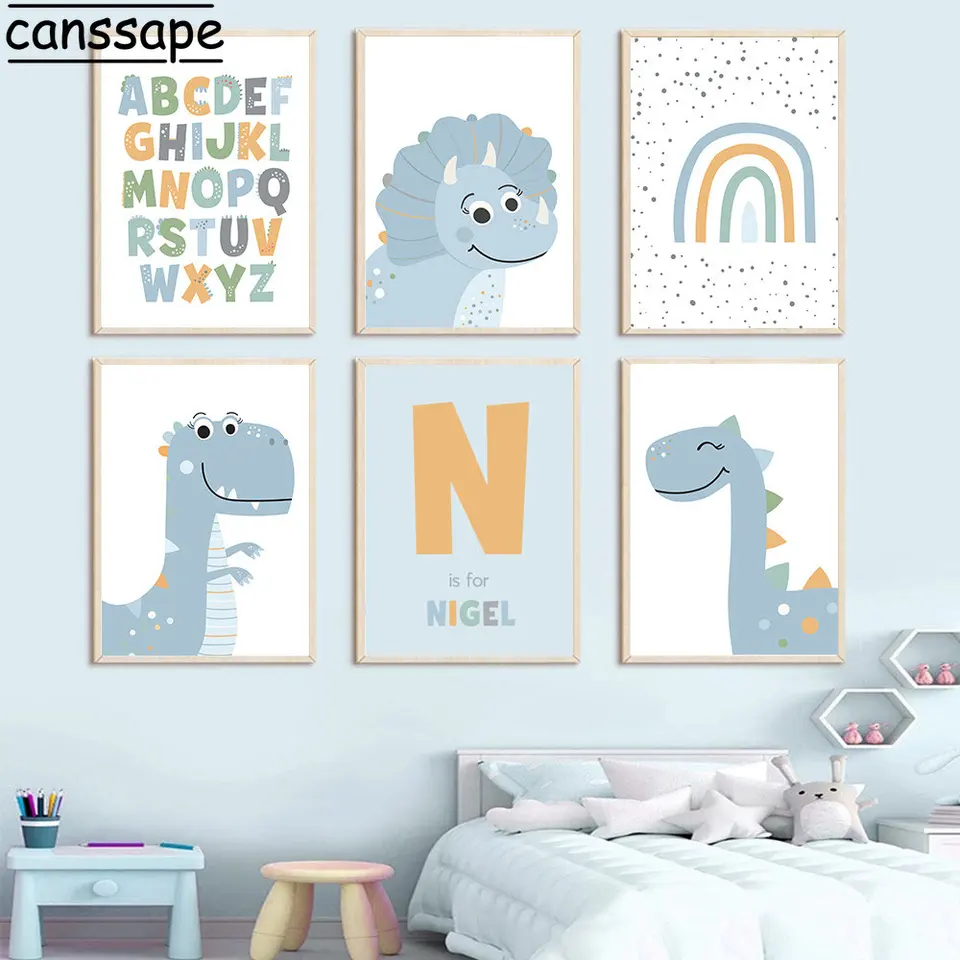 Vlastný názov plagát Dinosaury Canvas Obrázky modré umenie výtlačky dúha abeceda maľba plagáty materské materské nástenné umenie detská izba dekor