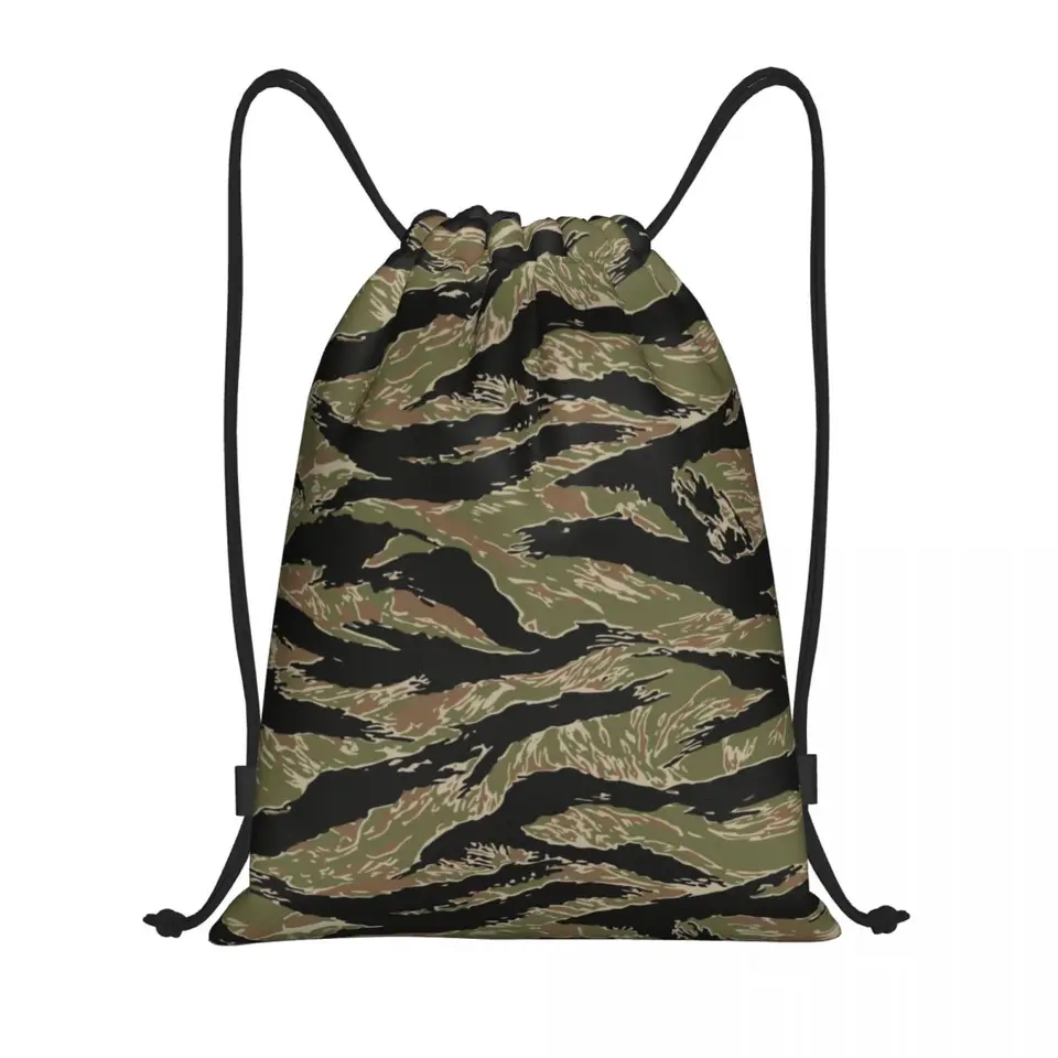 Vlastný tigr Stripe Camo Drawstring Bag Ženy Muži prenosné telocvične Šport Sackpack Vojenské taktické kamerové tréningové batohy