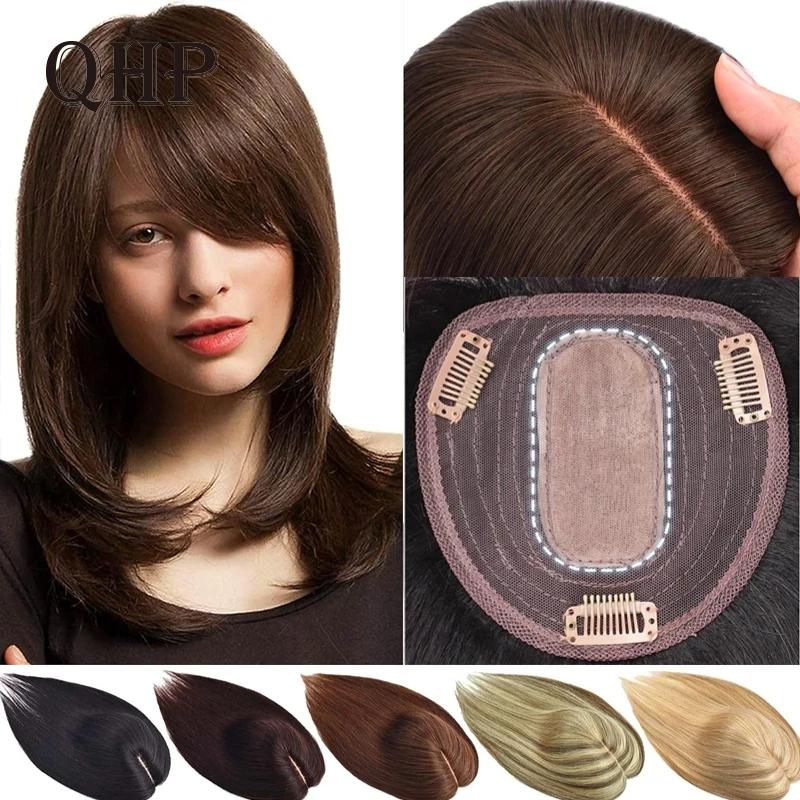 Vlasy pre ženy skutočné ľudské vlasy Topper s treskami hodvábny základný klip v príčinách remy Hair Topper pre tenké vlasy/stratiť vlasy