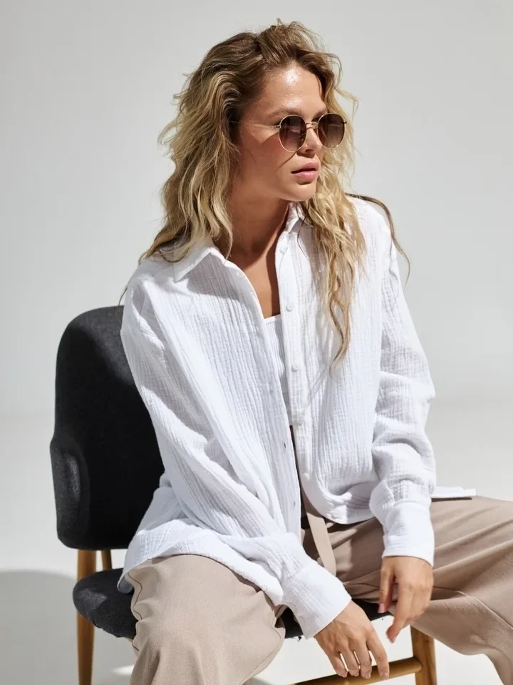 Vlk Dámske jarné leto 100% bavlnené košele kancelárska dáma módna solídna dáma s dlhým rukávom Loose Tops Crepe Tirls