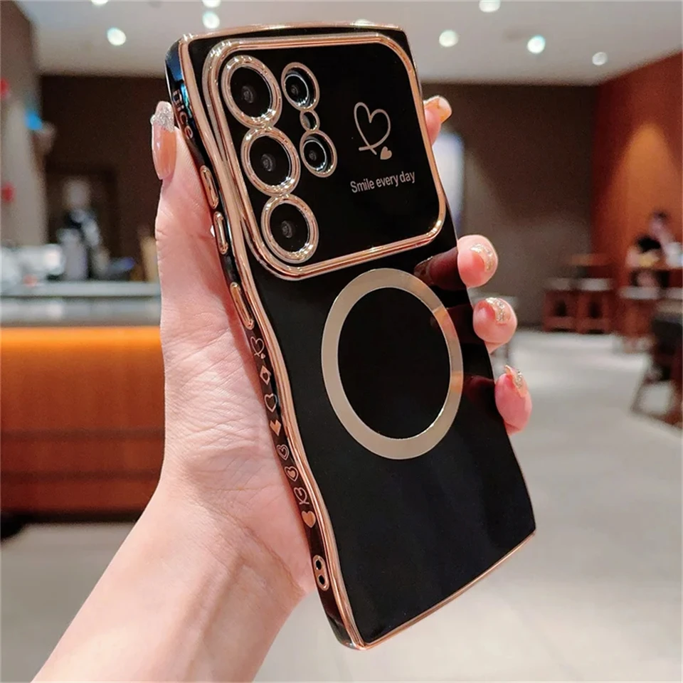 Vlna Elektroplatovaná puzdro Magnetický telefón s láskou pre Samsung Galaxy S25 Ultra S24 S23 Fe S22 Plus pre Magsafe Soft TPU Cover TPU
