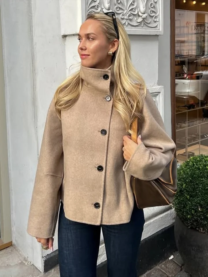Vlnený single Breased Coat Women Stojan golier voľný vinobranie s dlhým rukávom dochádzková bunda 2024