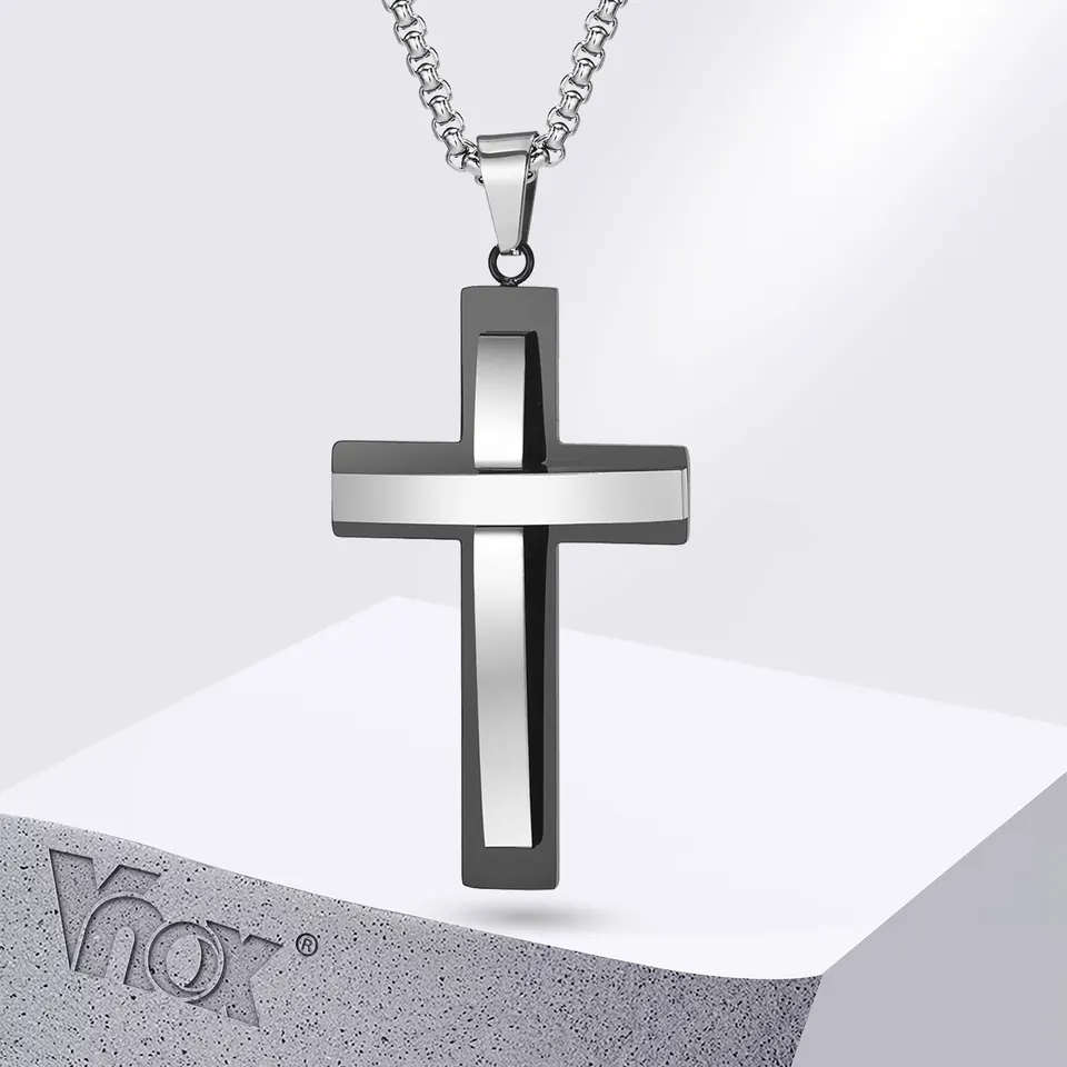 VNOX Chunky Dvojité vrstvy krížov pre mužov, dva tóny krížový prívesok s krabicovým reťazcom, náboženským modlitbovým golierom
