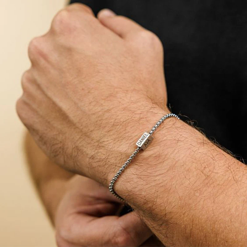 VNOX Engrave Name Box Chain Náramky pre mužov, Geometrická štvorcová trubica z nehrdzavejúcej ocele Custom Bracelets Náramky Darček pre otca