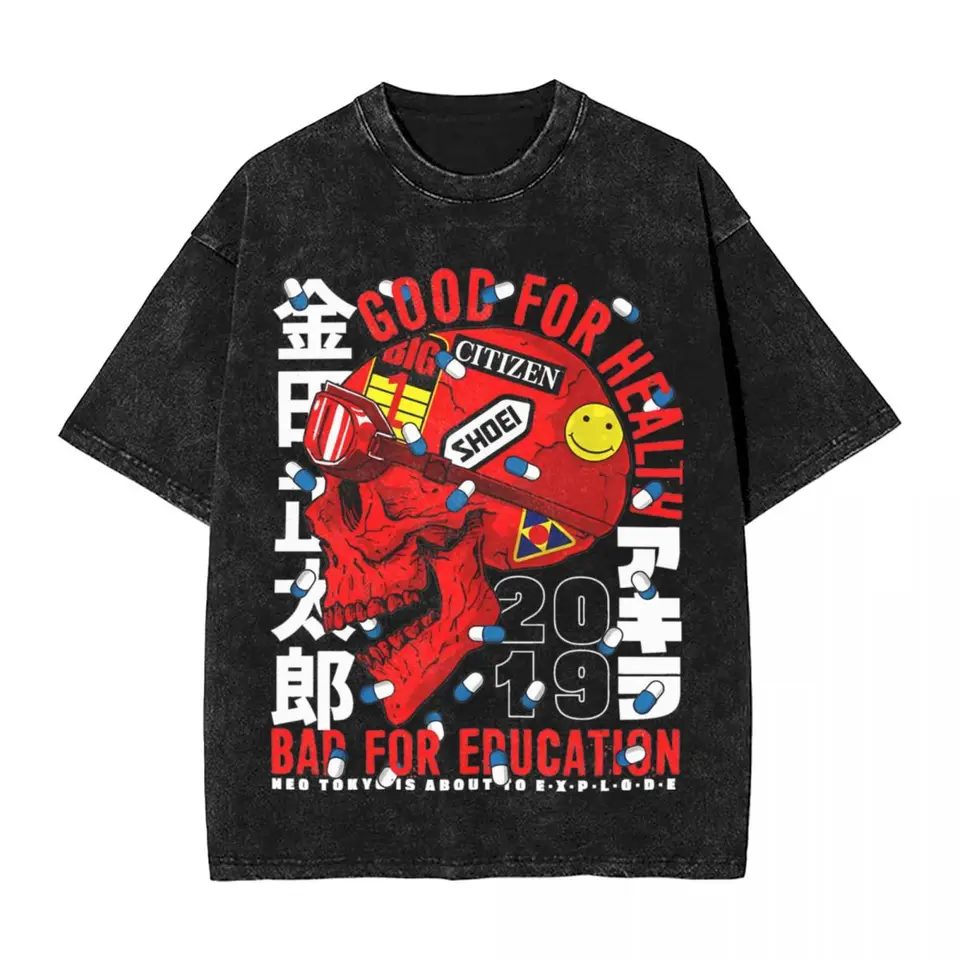 Vodca kapsúl japonský anime motocykel tričká Hip Hop Washed bavlna Harajuku Tričká Akira Streetwear Graphic Tops Tee TEE