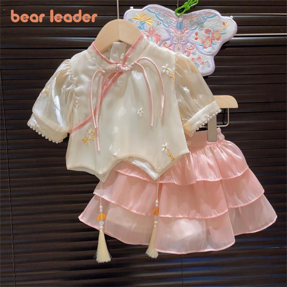 Vodca medveďa Summer Pink Sweet Girls Clother Chinese Detský súprava s vyšívanou špičkou Top+sukňa 2ks