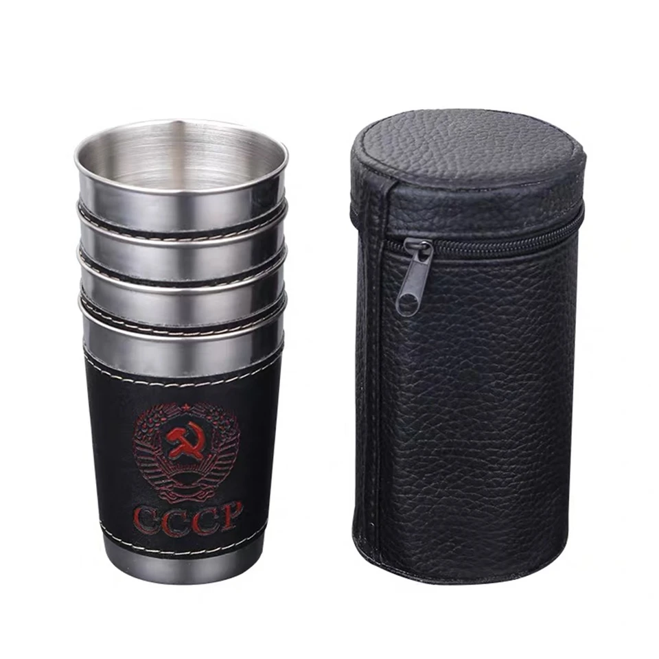 Vodka Cup 304 PU Holster Rusko z nehrdzavejúcej ocele mini víno prenosné osobné prispôsobené 4ks 30 ml brokovu sklenenú súpravu Vonkajší produkt