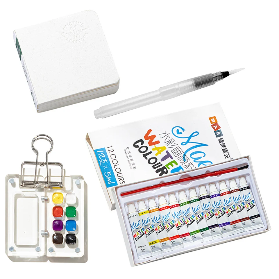 Vodná farebná paletná paleta cestovná súprava na náčrtok Kniha s klipom s spojovkou prenosná paleta Skicsbook Set Watercolor Brush