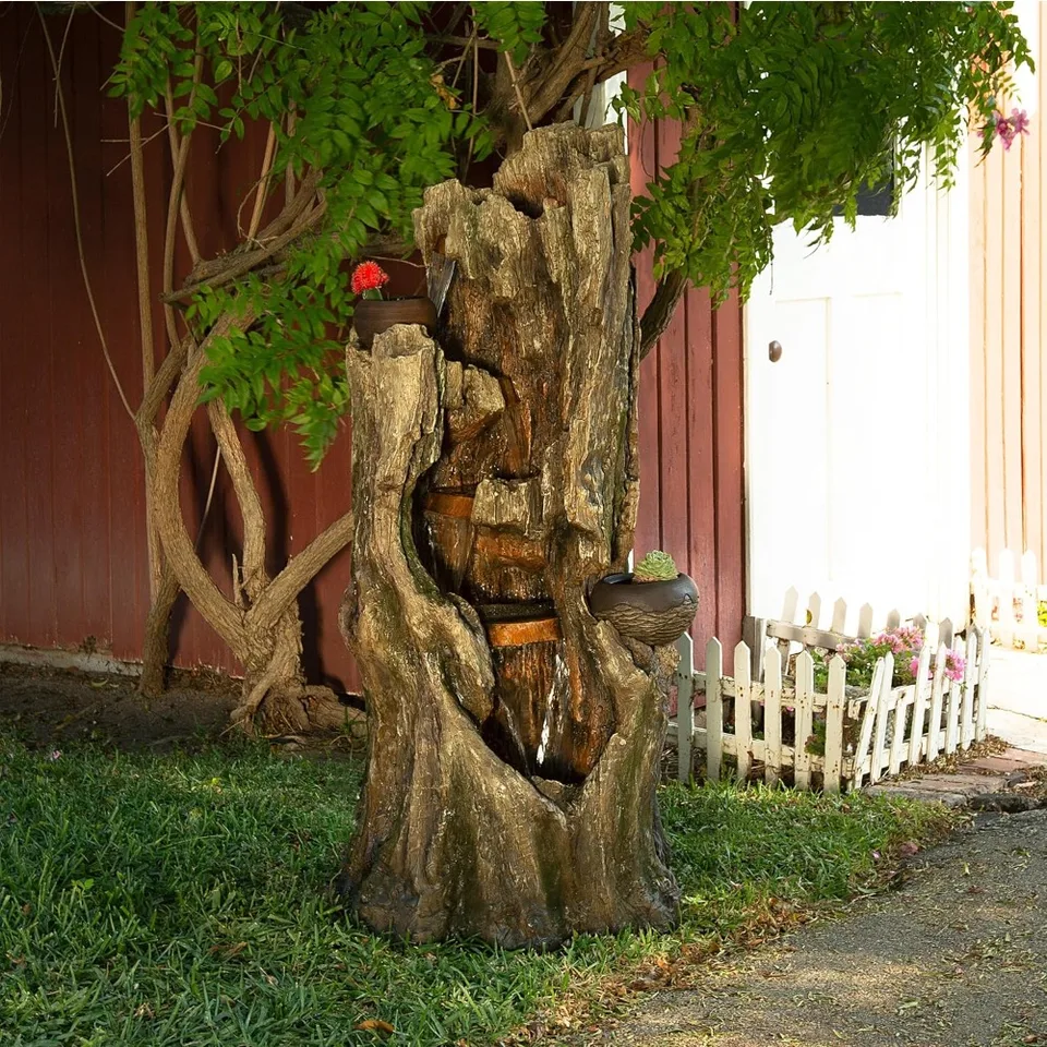 Vodný vodopád v interiéri/vonkajšej podlahe, Tree Trunk Fountain s LED svetlami a 2 kvetinovými kvetináčmi, 52 