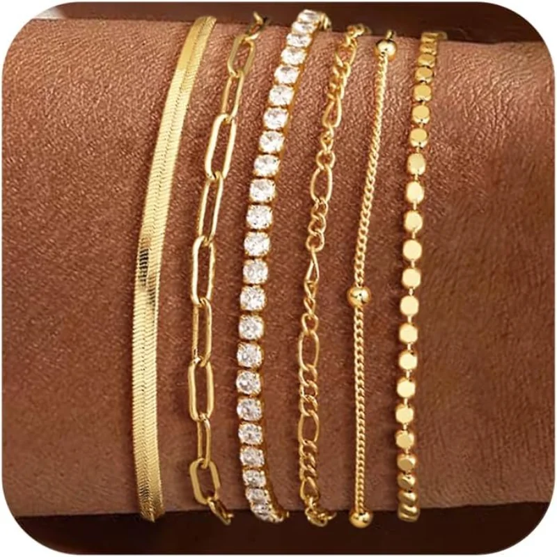 Vodotesné zlaté náramky nastavené pre ženy, Dainty 14K Real Gold -Glated Tennis Korálkový korálkový figaro rybársky kosť Spinklip Link náramok