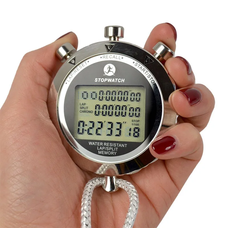 Vodotesný digitálny stopwatch Metal 1/1000 sekundy vreckový LCD Displej Chronograph Outdoors Timer Counter Sports Watch Relogio