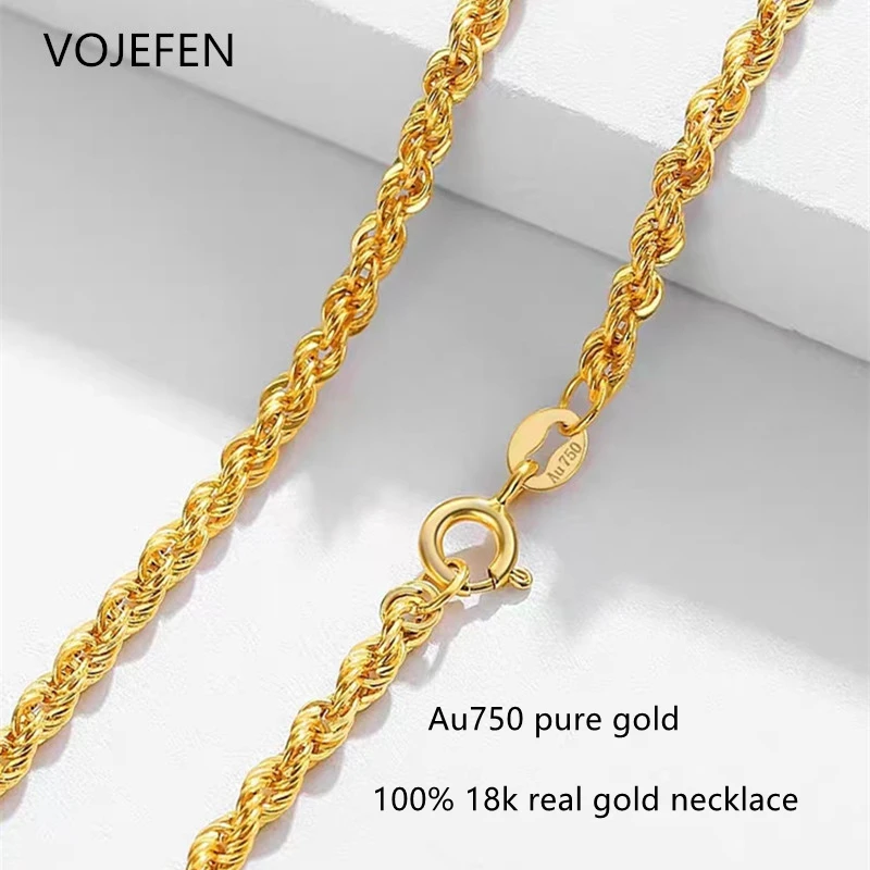 VOJEFEN 18K Real Gold Lope Chains Náhrdelníky pre ženské/mužské twistové spojenia krk Choker Originálne zlaté šperky luxusné žene náhrdelníky