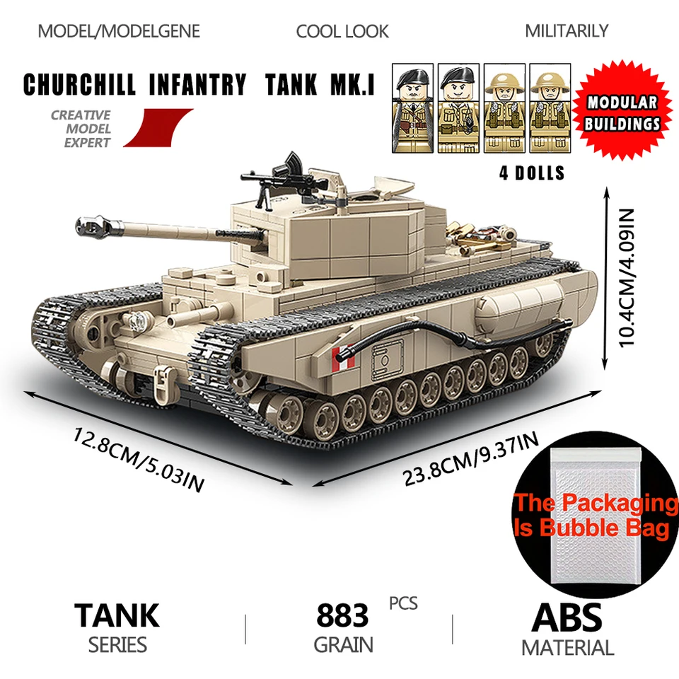 Vojenská séria Churchill Mk.i Tank Building Blocks DIY WWII Vojenská súprava dekorácie Model tehly hračky pre detské darčeky