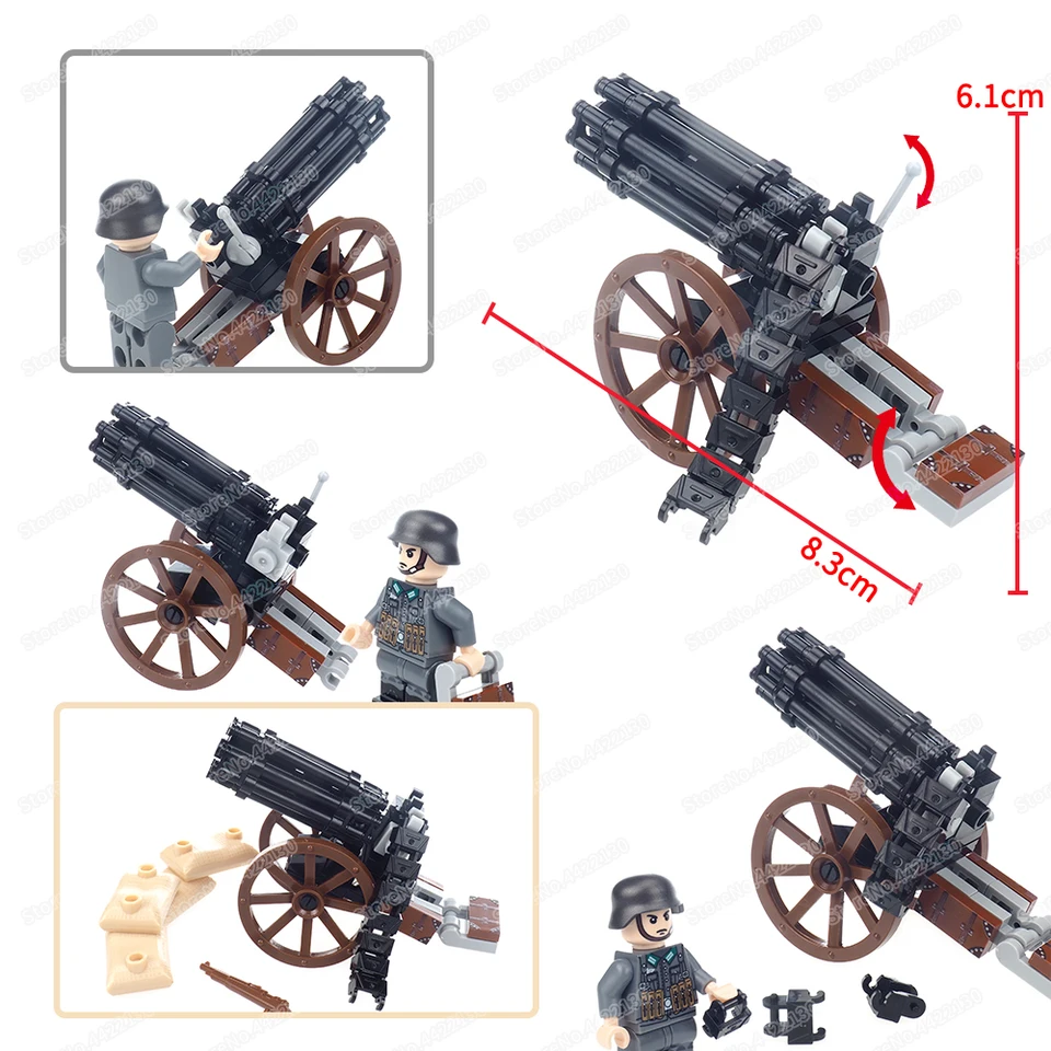 Vojenské koleso Gatling Gun Bloft Block Zhromaždený MOC WW2 Figures nabíjajte zbrane vybavenie vojnové scény Model detský darčekový chlapec hračky