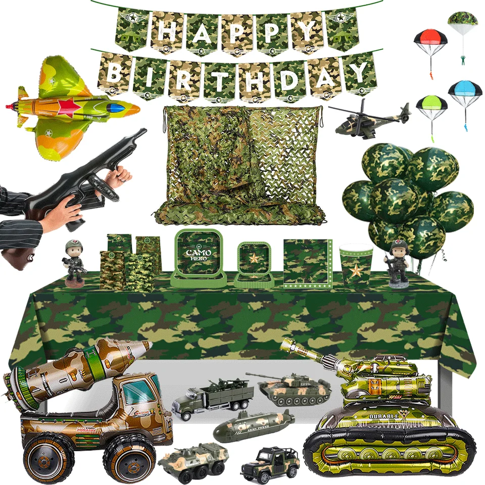 Vojenské párty dekorácie Set Jungle Field Camouflage Mesh Slavewware 4D Tank Balón Armored vozidlo Fighter Kids Birthday Darček