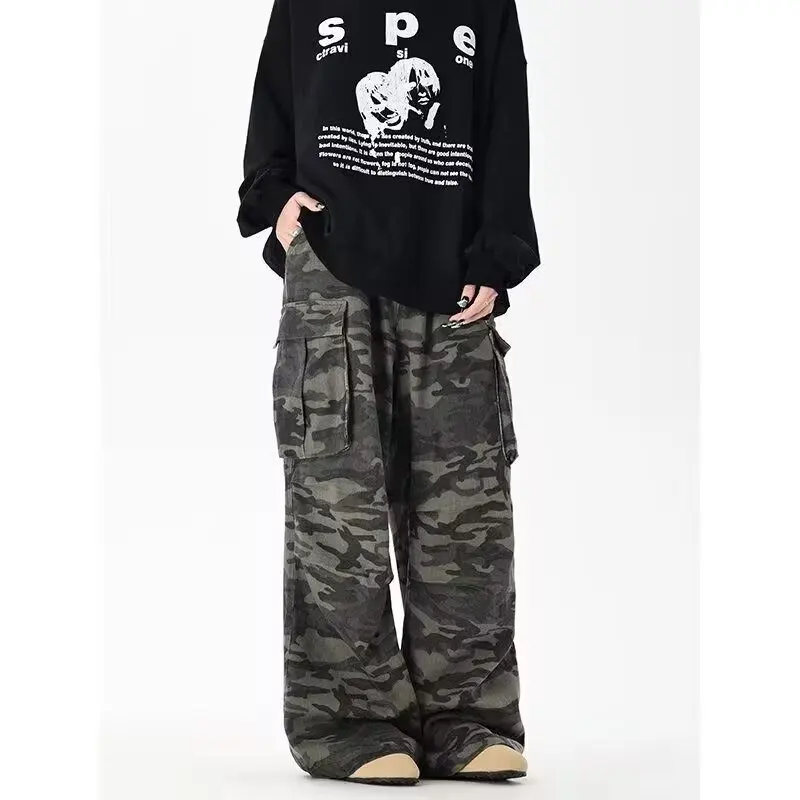 Vojenské zelené dámske džínsy High Pase Vintage Straight Baggy Y2K Denim Pants Hip Hop American módne džínsové nohavice