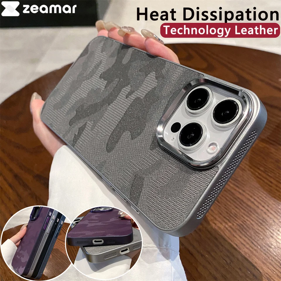 Vojenský kameňový vzor kožený rozptyl tepla pre iPhone 16 15 14 13 12 11 11 pro max