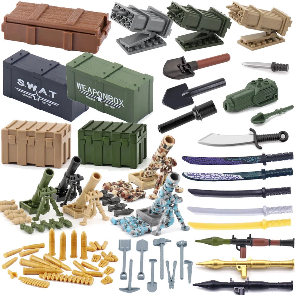Vojenský MOC Build Block Figure príslušenstvo zbraňový box súprava guľky samurai blade rpg bazooka camouflage maltar boy darček K047