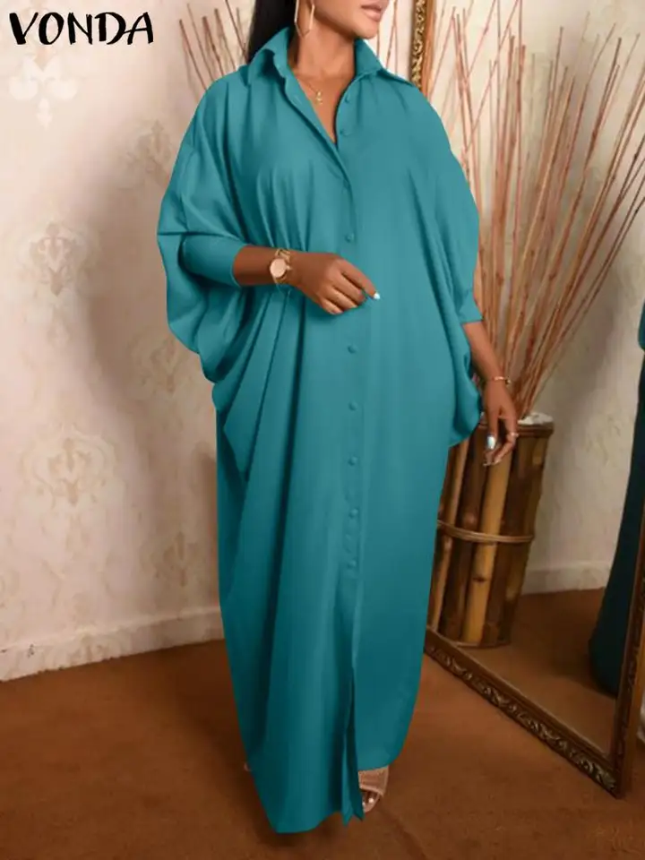 Vonda 2024 Letná dlhá košeľa Elegantné šaty Dámske dámske pevné farby maxi Sundress Bat Bat Ruckve Loose Loose Gomes Party Vestidos