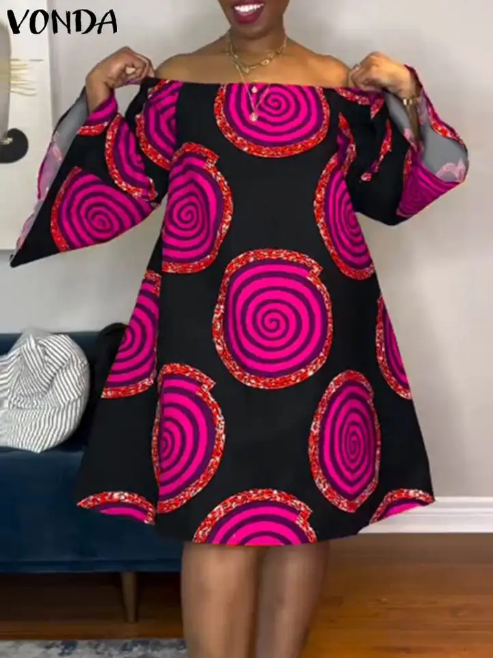 Vonda 2024 České ženy oblečené dlhé plachtové rukávy tlačené mini vestidos leto mimo ramena voľná ležať na pláži Sundress Belted
