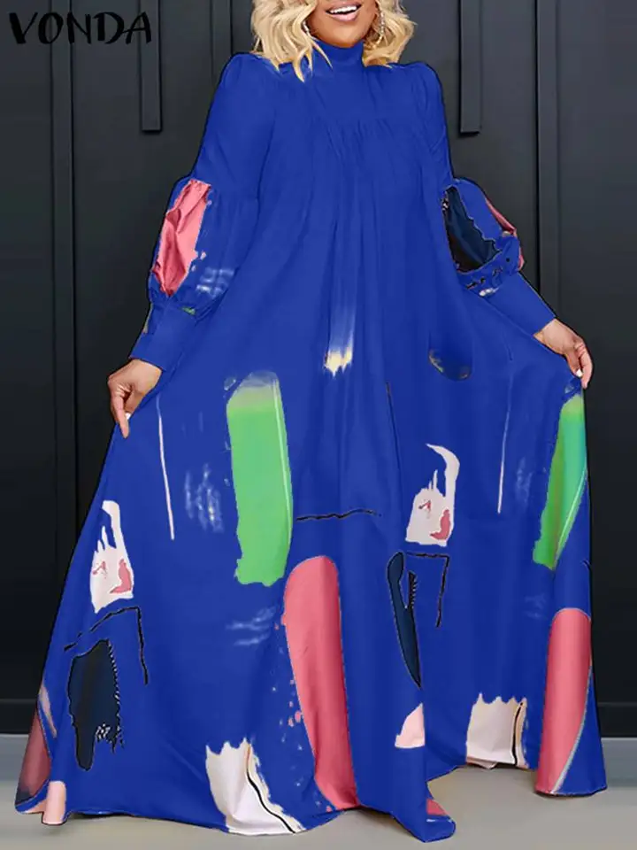 Vonda Bohemian Dress 2024 Dámske lampy Rukáv Turtleneck Tlačte maxi Long Sundress Autumn