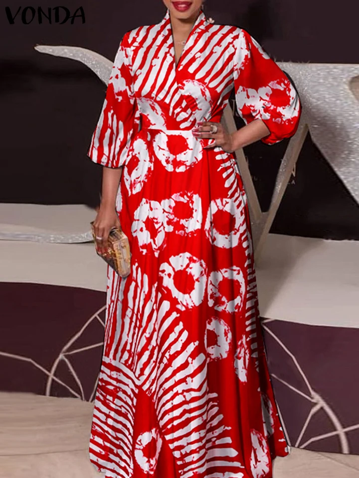 Vonda Ženy Bohemian maxi dlhé šaty 2024 eleagnt tlačené slnečné slnečné žiarenie v Neck Casual Robe 3/4 Lantern Sleeve Party Vestidos