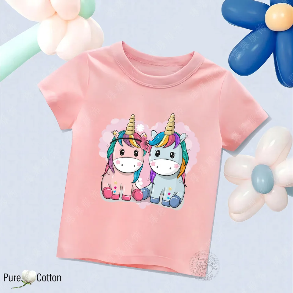 Vonkajšia dovolenka Comfort Cotton Tričko Tričko letný letný štýl 2d pár jednorožcových tlače farebný vzor dievčaťa Kawaii Tops