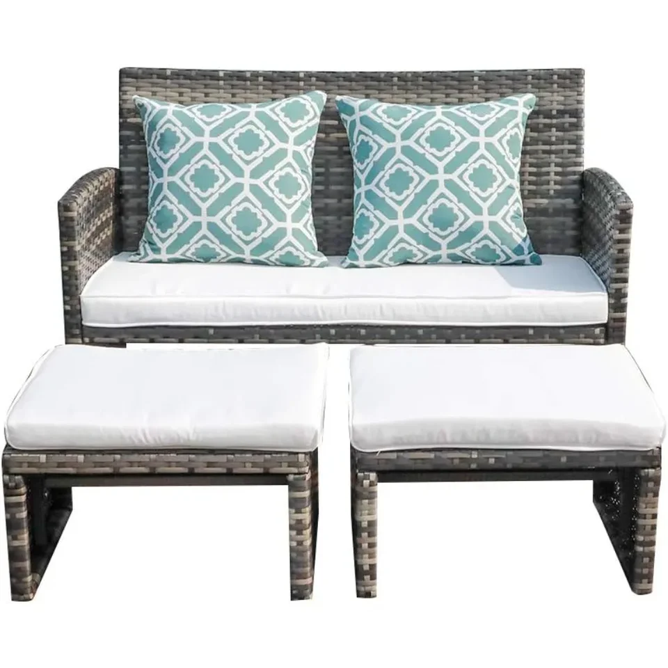 Vonkajšia Loveseat Patio Furniture Rattan Konverzácia s osmanskými, bielymi vankúšmi, šedým prútom, vonkajším nábytkom