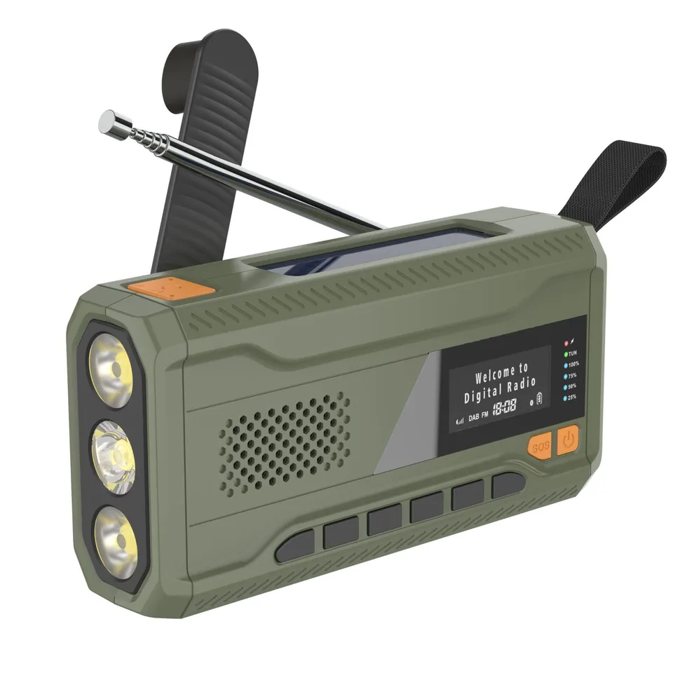 Vonkajšia solárna ruka núdzové baterky Radio nabíjanie USB AM/FM/DAB Radio