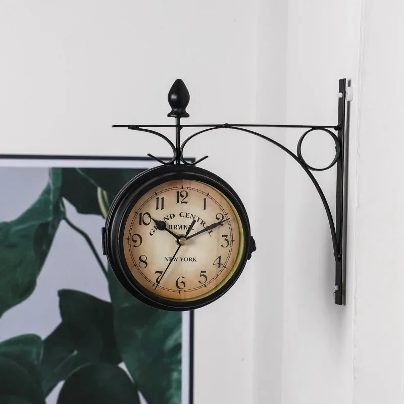 Vonkajšie nástenné hodiny zavesenie retro obojstrannej batérie napájané kovovými držiakmi vintage záhradná kaviareň dekorácie okrúhla stanica