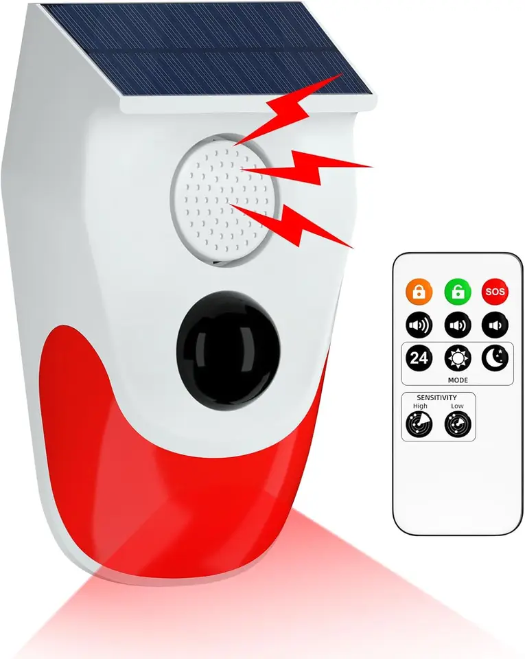 Vonkajšie solárne zvukové svetlo snímač alarmového pohybu, 1 000 mAh batéria 120 decibels Siréna zvukový výstražný výstraž