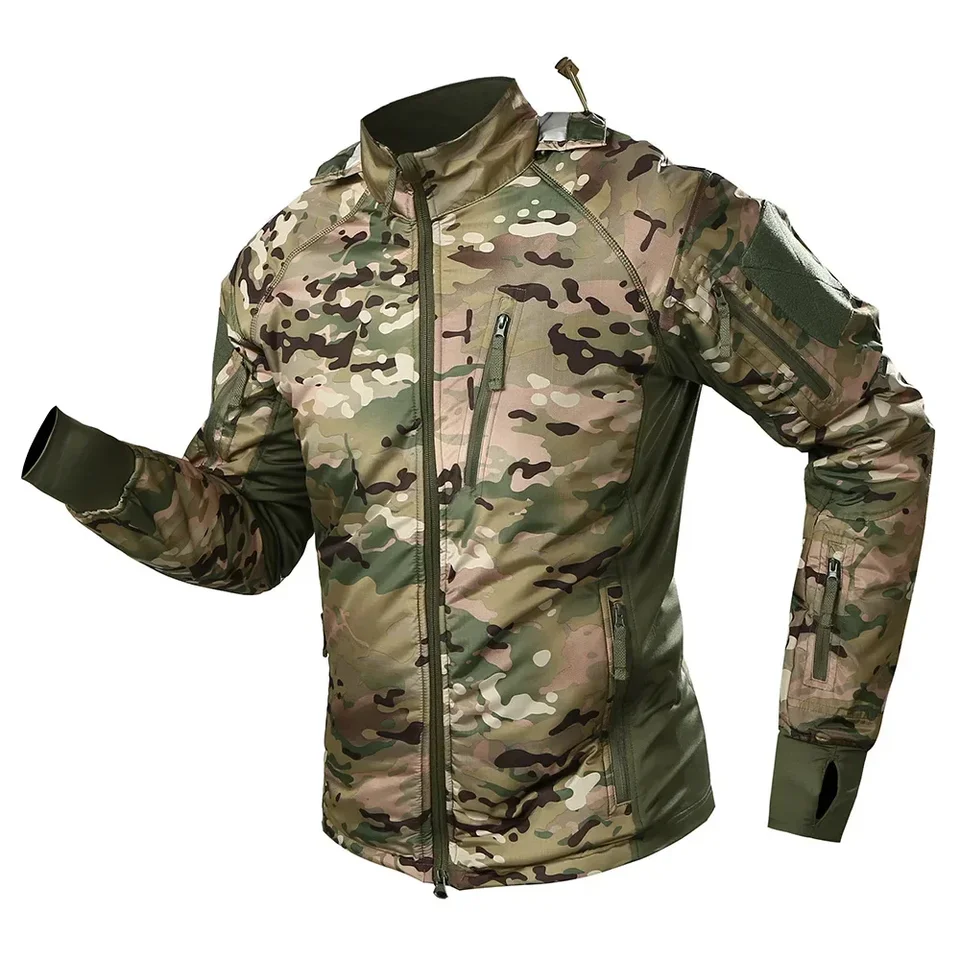 Vonkajšie veterné muži taktické bundy Men Men Warb Bomber Jacket Camo s kapucňou poľovné kabáty ultrahostiny cyklistické bundy elasticita