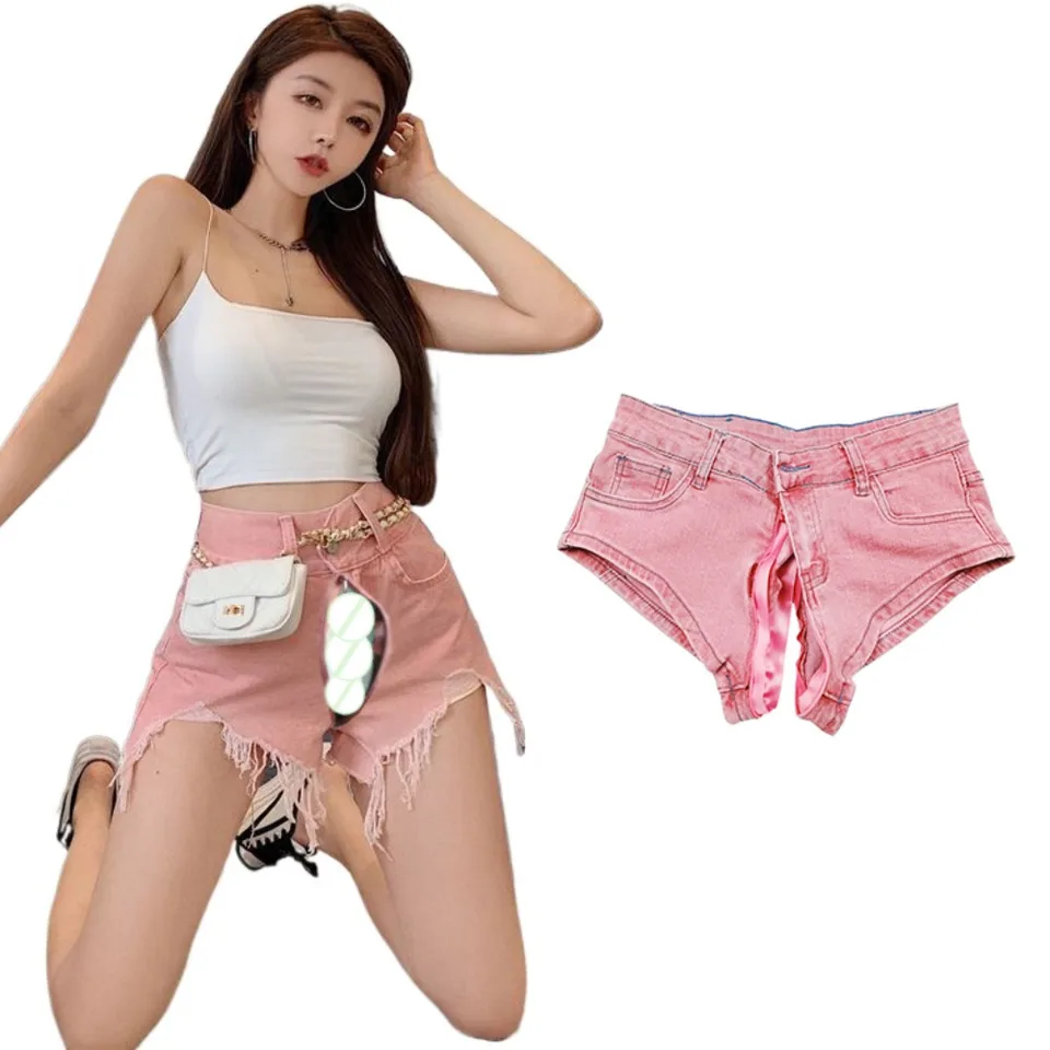 Vonkajší sex otvorené rozkrokové erotické nohavice letné erotické priateľky džínsy Ženy Kórejský štýl High PAIST TREATS RIPPRED DENIM HOTPANTS