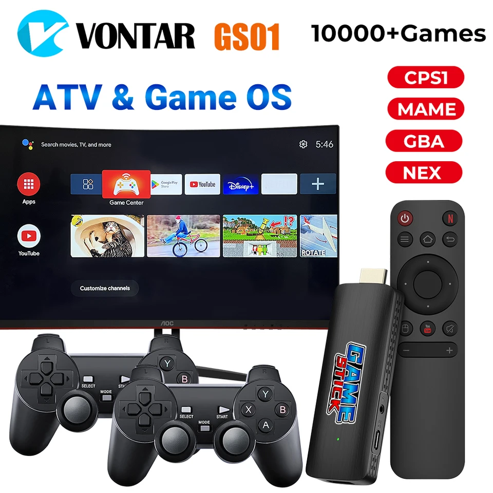 Vontar GS01 TV Game Stick Retro Game Console pre PS1/PSP/N64/GBA s AndroidTV Game Dual OS Support 4K HDR s 10000+ Games