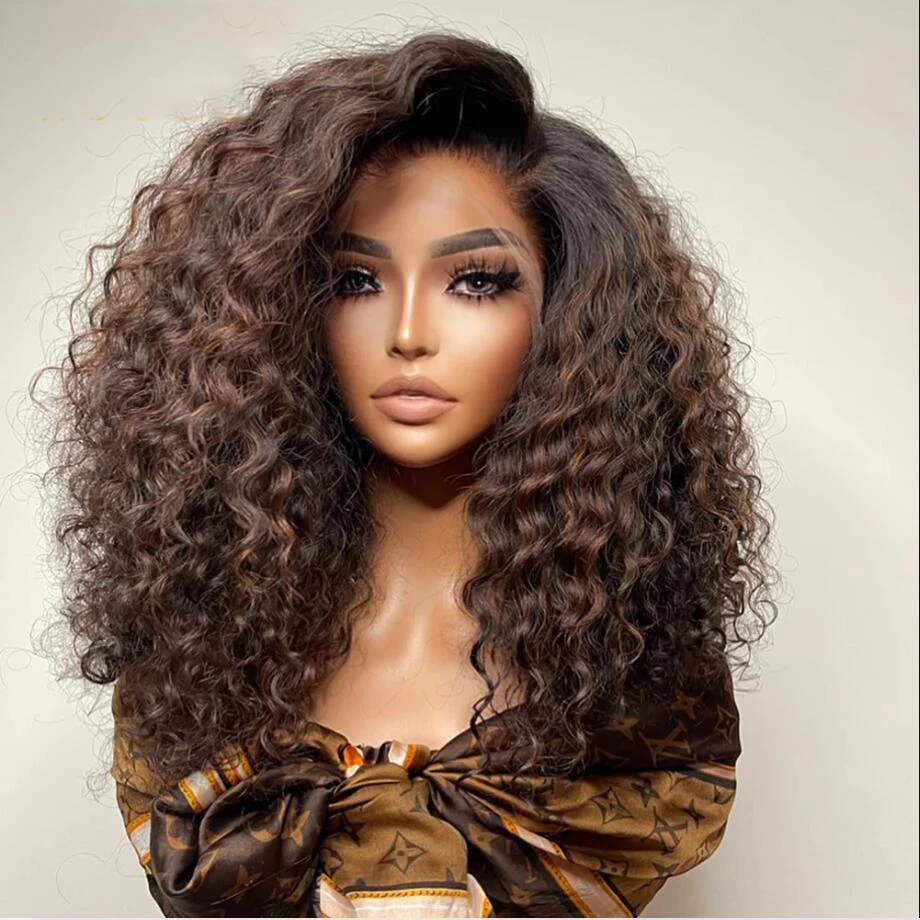 Vopred splnený ombre hnedý mäkký 26 dlhá výstredná kučeravá 180 hustota čipka predná parochňa pre čierne ženy babyhair prírodná vlasová línia