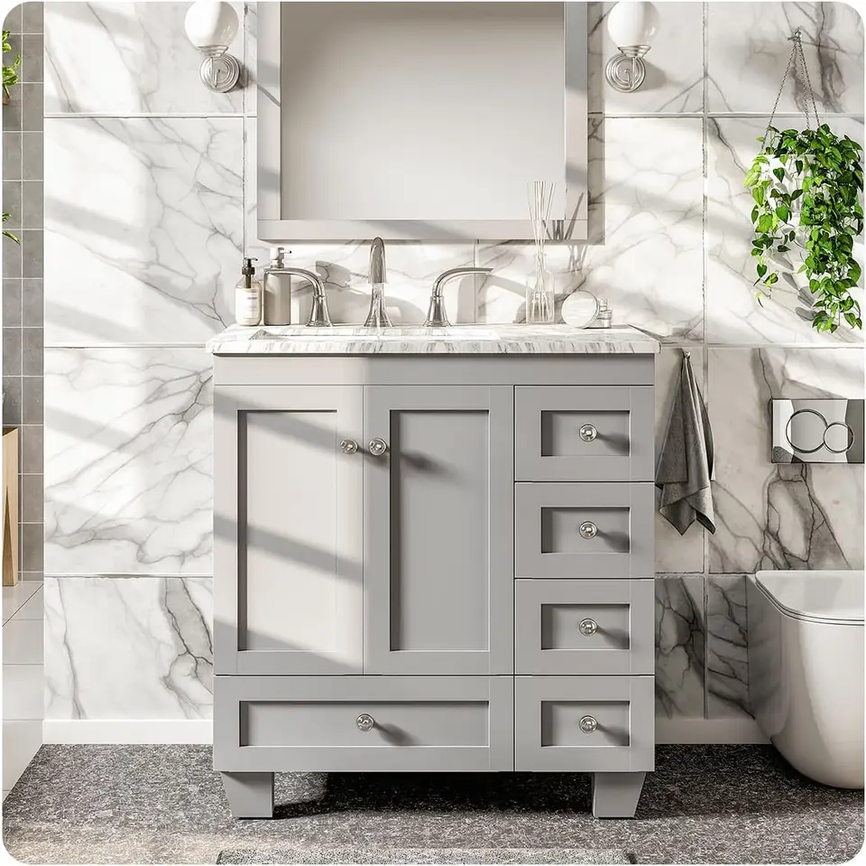 Voľne stojaci palec márnosť s umývadlom a doskou Moderná kúpeľňa s elegantným sivým povrchom a porcelánom