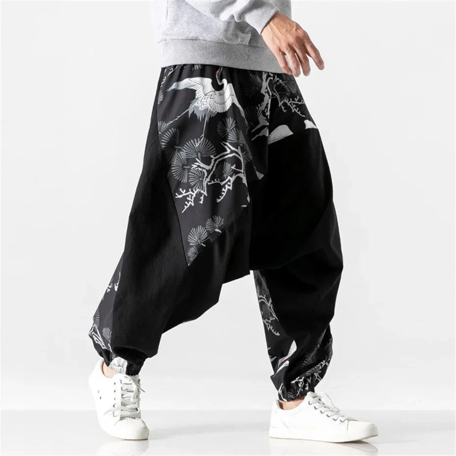 Voľné krížové nohavice Men Čínsky štýl žeriav Patchwork nohavice Hip Hop Hop Streetwear Loose nohavice Muž
