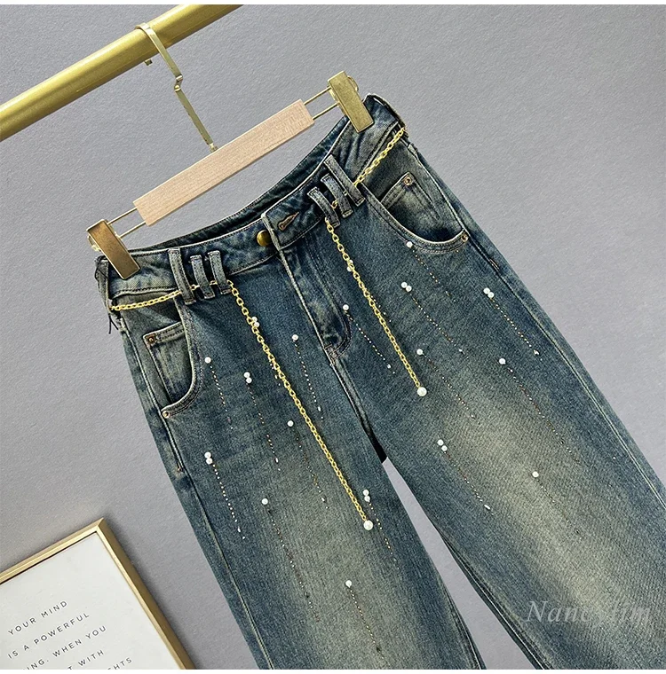 Voľné modré džínsy Dámske nohavice na široké nohavice Jeseň 2024 Nový s vysokým pásom európsky štýl Hot Diamond Diamond Dited Floor Pants