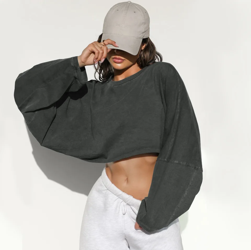Voľný fit s okrúhlym krkom Sweár Ženy Krátky pullover Športové tričko pletiek s dlhým rukávom Top Autumn Winter Dámske oblečenie