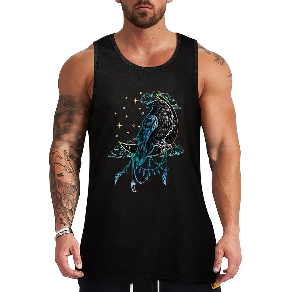 Vrana na Mesiaci - Black Raven Tank Top bez rukávov Gymel pre mužské bavlnené tričko