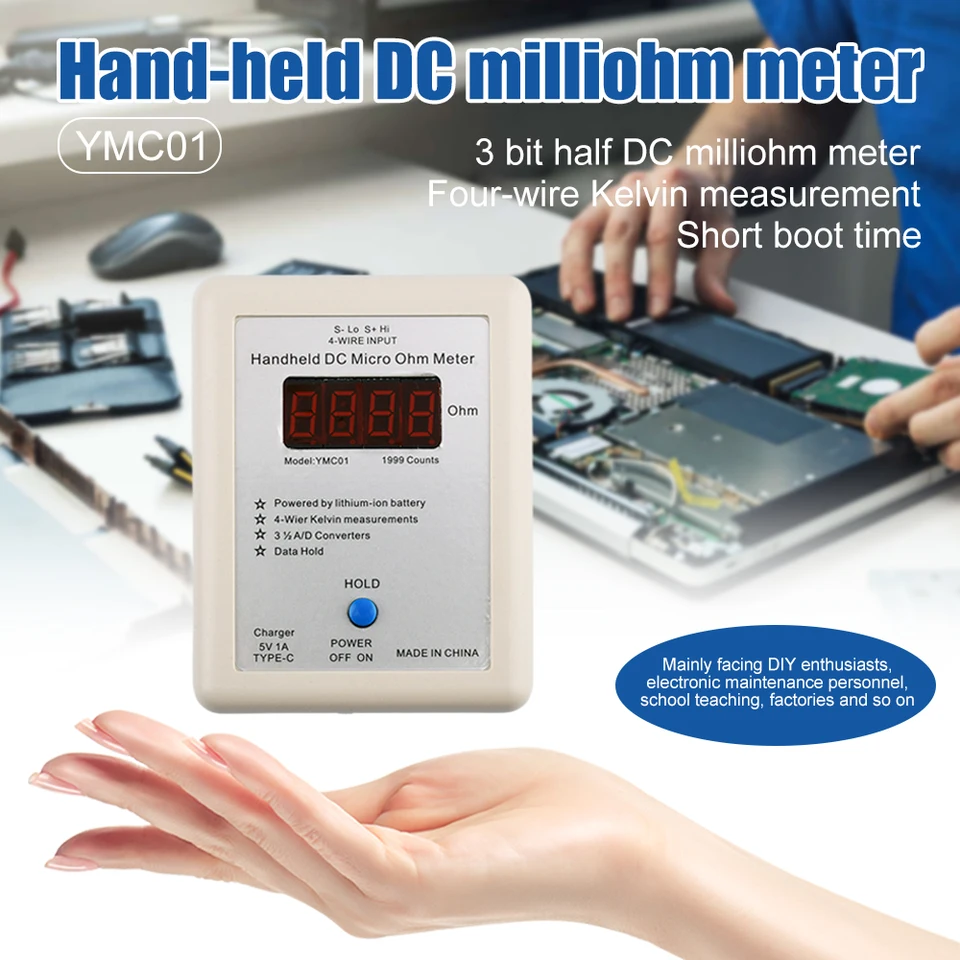 Vreckové vysoko presné mililiohmeter meter 4-vodné drôty Ohmmeter Resistance Detekcia detekcia nízkeho merača mikro odporu odporu