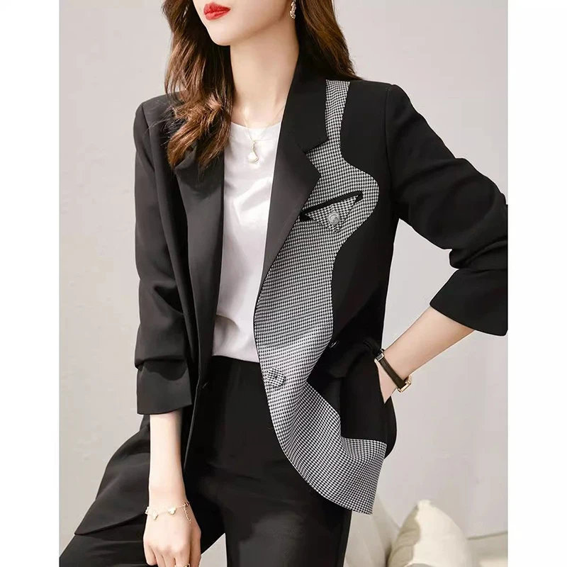 Vrecká na gombíky módy Otvorené Houndstooth Blazer Dámske oblečenie 2024 Jeseň Nové voľné príležitostné topy Office Lady Blazers