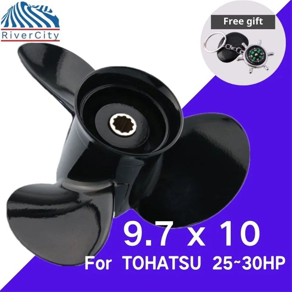 Vrtuľa člna 9.7x10 pre Tohatsu Nissan 25HP 30HP Outboard Outboard Screw Boat Motor Motor Hliníková zliatina vrtuľa 3 Blade 10 Spline