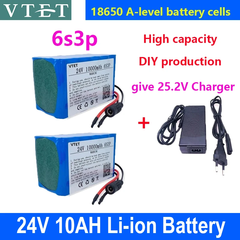 VTET 24V 6S3P 10AH 18650 LI-ION batéria 10000 mAh vysoko kapacita moped /elektrická /li iónová batéria DIY Výroba+25,2 V nabíjačka